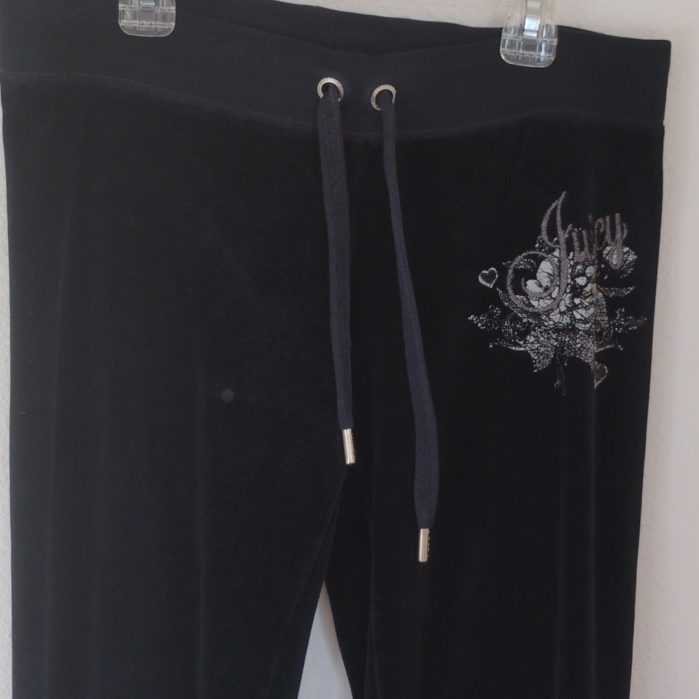 Y2K Juicy Couture Black Velour Track Pants Wide Leg Low Rise Graphic Logo Sz XS - Picture 2 of 6